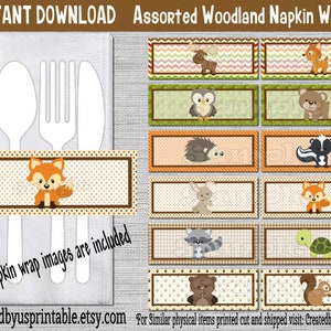 INSTANT DOWNLOAD Woodland Napkin wraps Birthday Decorations Wilderness Baby shower napkin band Paper napkin ring holder Digital Download Diy