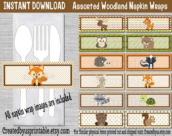 INSTANT DOWNLOAD Woodland Napkin wraps Birthday Decorations Wilderness Baby shower napkin band Paper napkin ring holder Digital Download Diy