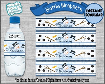 Melted snowman water bottle wrappers Christmas party favors Melting snowman water bottle labels Onederland birthday Digital Instant Download