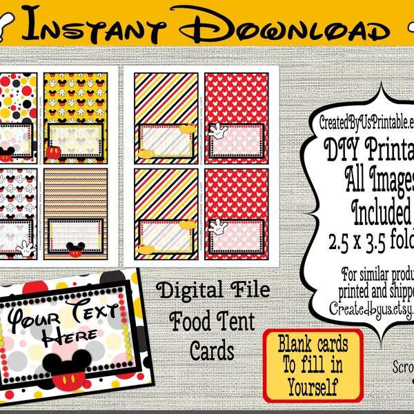 INSTANT DOWNLOAD Mickey food tent cards EDITABLE Mickey place cards Mickey birthday Table food Label Mickey decorations Digital Download Diy