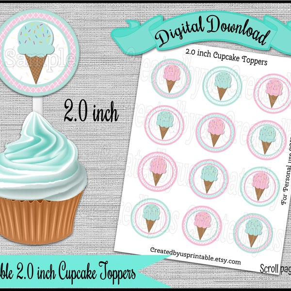 Ice cream cupcake toppers Girl icecream birthday party Party 2.0 inch cupcake picks teal pink cake Digital Diy printable INSTANT DOWNLOAD