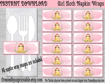 DESCARGA INSTANTÁNEA Baby girl Sloth Napkin wraps Watercolor Sloth Baby shower Safari servilleteros Soporte de papel para servilleteros Descarga digital Diy