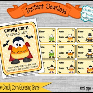 Peut inclure: Jeu de devinettes imprimable sur le thème des bonbons de maïs d'Halloween, avec un personnage de bonbon de maïs en cape. Comprend des étiquettes nominatives avec des personnages d'Halloween. Le jeu est pour un usage personnel.