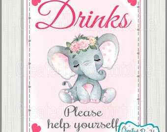 Baby Shower Drinks sign Pink Floral Sleeping Elephant Baby Girl shower Drinks sign Pink elephant Drinks sign little peanut PRINTABLE BGFPE2