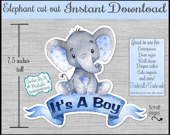 Es un centro de mesa con forma de elefante para niño Adorno para tarta de elefante para bebé Niño azul Letrero para puerta para baby shower Imprimible digital DESCARGA INSTANTÁNEA