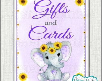 Baby Shower Gifts and cards sign Purple Sunflower elephant Baby Girl shower cards gifts sign Purple elephant sign little peanut BGSPE4