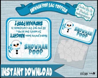 Snowman Poop bag toppers Christmas bag topper Treat bag toppers Printable Christmas toppers Snowman Christmas favor Digital Instant Download
