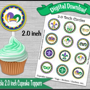 Mardi Gras Cupcake Toppers Mardis gras birthday party Party 2 inch cupcake pick mardigras baby shower Digital Diy printable INSTANT DOWNLOAD