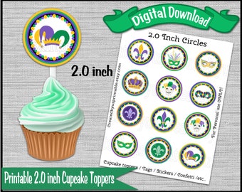 May include: Printable 2.0 inch cupcake toppers featuring Mardi Gras themed designs. The designs include a jester hat, fleur-de-lis, a crown, a mask, and a jester face. The text "For Personal use ONLY!" is printed on the sheet.