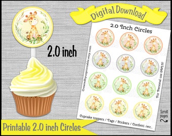 Acuarela Giraffe cupcake toppers fiesta de cumpleaños Zoo 2.0 pulgadas círculo picks neutral jirafa baby shower Digital imprimible DESCARGA INSTANTÁNEA