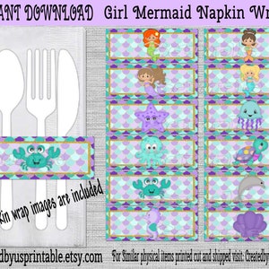 INSTANT DOWNLOAD Mermaid  Napkin wraps Birthday Decorations Mermaid baby shower napkin bands Paper napkin ring holder Digital Download Diy