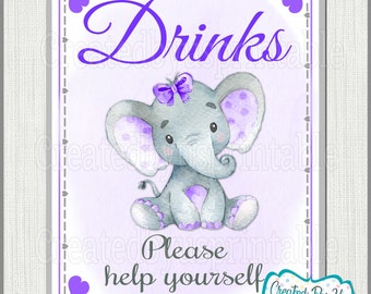 Baby Shower Drinks sign Purple Elephant Baby Girl shower Drinks sign Purple elephant Drinks sign little peanut table sign PRINTABLE BGPBE2