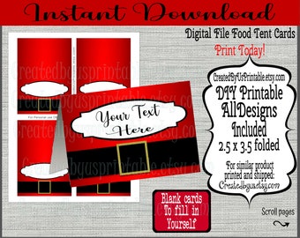 May include: Red and black Santa-themed food tent cards with a white space for text. The cards are designed to be folded and are 2.5 x 3.5 inches when folded. The text on the cards reads "Your Text Here" and "Blank cards To fill in Yourself".