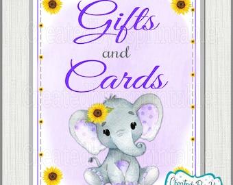 Baby Shower Gifts and cards sign Purple Sunflower elephant Baby Girl shower cards gifts sign Purple elephant sign little peanut BGSPE3