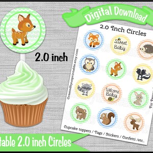 Boy Woodland cupcake toppers tags Wilderness Baby shower Cup cake picks 2 inch Forest animals Camper Digital Diy printable INSTANT DOWNLOAD