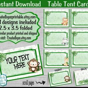 Jungle Safari cartes de tente de nourriture Safari Baby shower cartes de tente cartes de nom Carte de place de table Décorations de table Wild Un anniversaire TÉLÉCHARGEMENT INSTANTANÉ