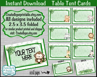 Jungle Safari voedsel tent kaarten Safari Baby douche tent kaarten Naamkaart Tafel plaats kaart Tafel decoraties Wild Een verjaardag INSTANT DOWNLOAD