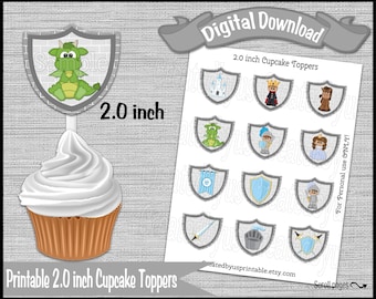 May include: Printable 2.0 inch cupcake toppers featuring a castle, a king, a princess, a knight, a dragon, and swords. The toppers are printed on white paper with a gray brick background.