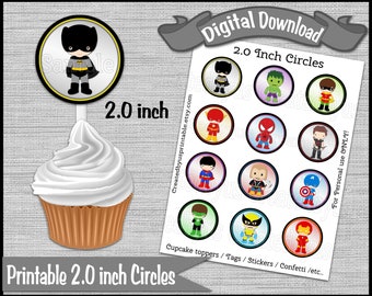 Superhero cupcake toppers Super Hero Birthday Party Birthday Superhero cupcake picks 2.0 inch circles Digital Diy printable INSTANT DOWNLOAD
