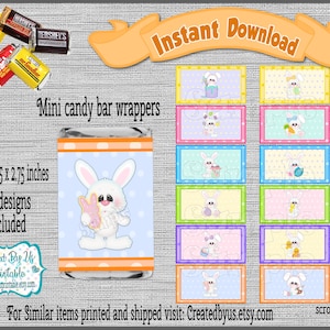 May include: Printable Easter bunny candy bar wrappers.  The wrappers feature a white bunny holding a pink Easter egg.  The wrappers are approximately 1.5 inches by 2.75 inches.  The text "Instant Download" is at the top of the image.
