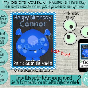 EDITABLE Pin the eye on the Monster game INSTANT DOWNLOAD Monster birthday party Monster Party Game Activity Printable  Diy 16x20 Corjl