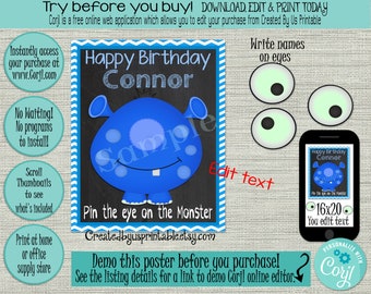 Pin the Eye on the Monster Printable Party Game 3 Poster Sizes Monster Birthday Party Monster ...