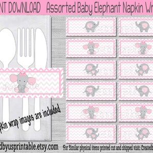 INSTANT DOWNLOAD Girl baby elephant Napkin wraps Birthday Decorations Baby shower napkin bands Paper napkin ring holder Digital Download Diy