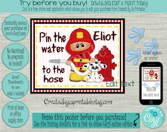 Fireman Birthday Party Game: Pin the Water on the Hose (16x20, Editable, Instant Download)