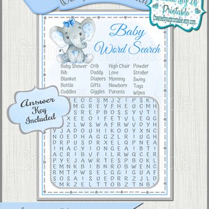 Elephany baby shower game Girl Elephant Word search Game cards Blue Elephant baby girl shower party ideas Elephant Printable game Digital