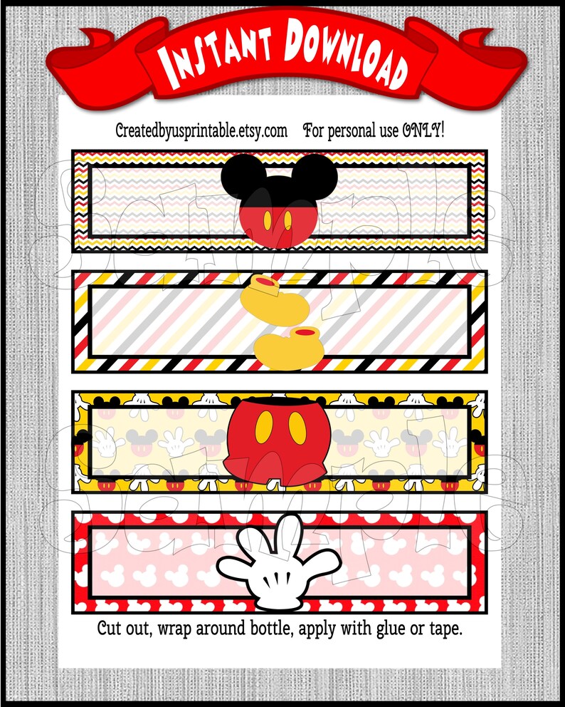 Może przedstawiać: Drukowane etykiety na butelki w stylu Myszki Miki. Etykiety przedstawiają r&oacute;żne wzory Myszki Miki, w tym jego głowę, buty i rękawiczki. Etykiety są zaprojektowane do wycinania i owijania wok&oacute;ł butelek.