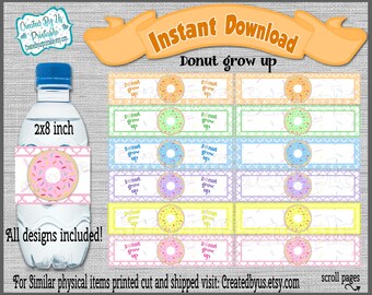 NATYCHMIASTOWE POBIERANIE Etykiety na butelki z wodą Donut Donut rośnie jako pierwszy Dekoracja urodzinowa Do druku Opakowanie na butelkę z wodą Przysługi Pobierz cyfrowo Zrób to sam