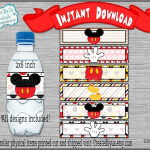 INSTANT DOWNLOAD Mickey Mouse water bottle labels First Birthday Decorations Baby shower Printable water bottle wraps Digital Download Diy