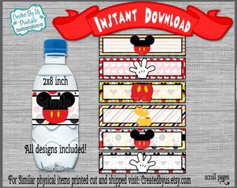 DESCARGA INSTANTÁNEA Etiquetas para botellas de agua de Mickey Mouse Decoraciones para el primer cumpleaños Envoltorios para botellas de agua imprimibles para baby shower Descarga digital Diy