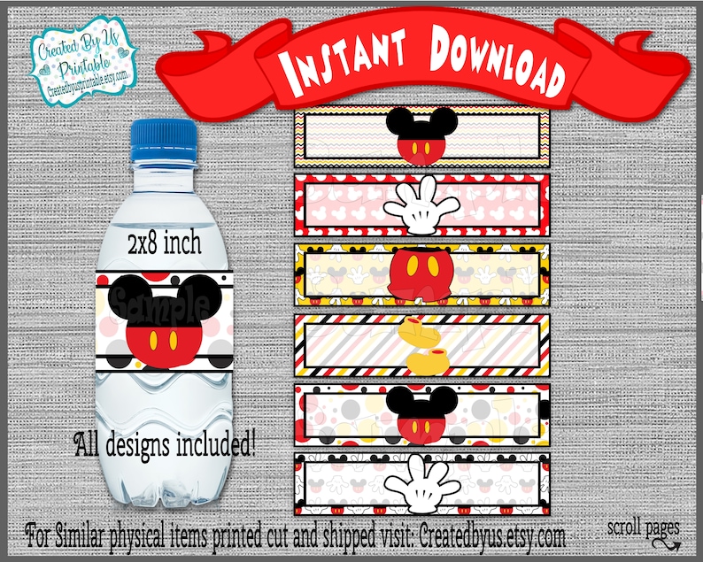Może przedstawiać: Drukowane etykiety na butelki z wodą z motywem Myszki Miki. Etykiety mają rozmiar 5x20 cm i zawierają r&oacute;żne wzory z głową Myszki Miki, jej rękawicą i innymi charakterystycznymi elementami. Tekst "INSTANT DOWNLOAD" jest widoczny w g&oacute;rnej części obrazu.
