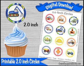 Construction Birthday Party Construction cupcake toppers tags Dump truck cupcake picks 2 inch circles Digital Diy printable INSTANT DOWNLOAD