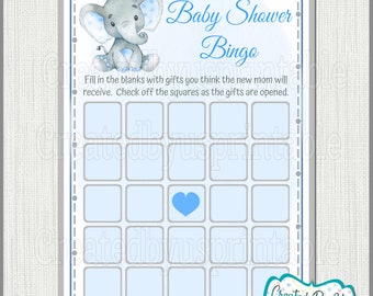 Elephant baby shower game Boy elephant Bingo Game cards Blue Elephant baby boy shower party ideas Printable Baby Bingo card Digital Download