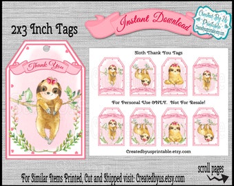 Sloth Thank You Tags Girl sloth baby shower tags Sloth party favors Sloth favor tags Digital Diy printable INSTANT DOWNLOAD