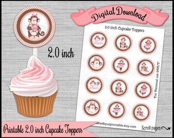 Affe Cupcake Toppers Mädchen Affe Geburtstag Party 2,0 Zoll Kreis Cupcake Picks Affe Baby Shower Digital Diy druckbar SOFORT DOWNLOAD