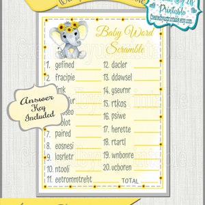Elefant Baby Shower Spiel Gelb Sonnenblume Elefant Baby Mädchen Shower Party Ideen Mädchen Elefant Baby Wort Scramble Spiel Printable Digital