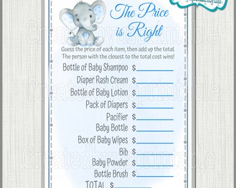 Elephant baby shower game Boy elephant The Price is Right Game cards Blue Elephant baby boy shower game party idea Printable game Digital
