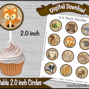 Woodland cupcake toppers tags Wilderness Baby shower Cup cake picks 2 inch Forest animals Camper Digital Diy printable INSTANT DOWNLOAD