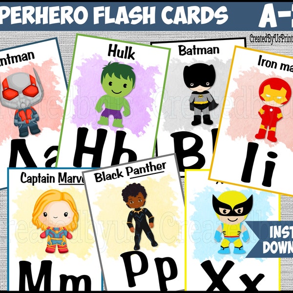 Superhero printable alphabet Flashcards ABC Superhero memory game Homeschool Preschool kindergarten Alphabet activity Diy INSTANT DOWNLOAD