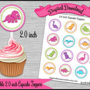 Girl dinosaur cupcake toppers Dinosaur Birthday Party 2.0 inch cupcake pick Dinosaur Baby shower cake Digital Diy printable INSTANT DOWNLOAD