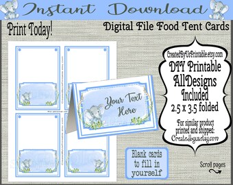 INSTANT DOWNLOAD Jongensolifant tentkaarten BEWERKBARE plaatskaarten Aquarel Zoo Baby Shower Tafel voedseltentkaarten Safari Digitale Download Diy