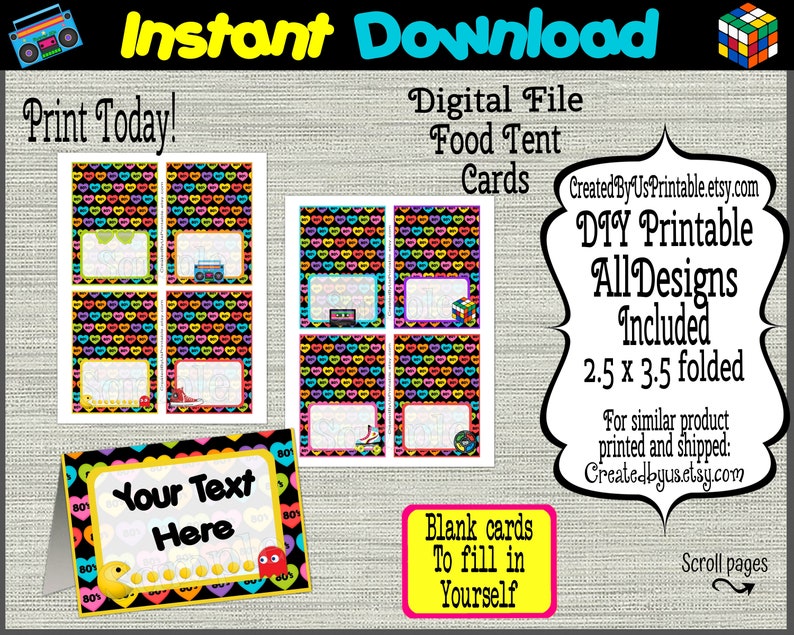 INSTANT DOWNLOAD I Love 80s Birthday Table food Labels EDITABLE 80/'s food tent card Retro place cards Table food cards Digital Download Diy