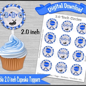 Baby Q cupcake topper Barbecue baby shower Party 2.0 inch circle cupcake picks Blue bbq Cupcakes Digital Diy printable INSTANT DOWNLOAD