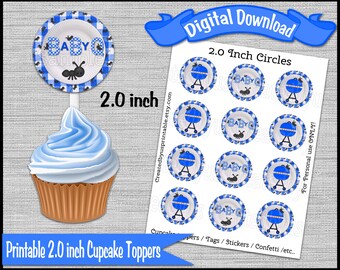 Baby Q muffinstoppare Barbecue babyshowerfest 2,0 tums cirklar muffinsplockar Blå BBQ-muffins Digitala DIY-utskrivbara DIREKT NEDLADDNING