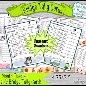 Bridge Tally Cards Bridge tally sheets Month themed Bridge game Printable tally cards Bridge Score pad Reusable Score cards Digital Download