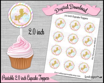 Unicorn cupcake topper Gold glitter unicorn verjaardagsfeestje Party 2.0 inch cupcake pick Unicorn party Digitale Diy printable INSTANT DOWNLOAD