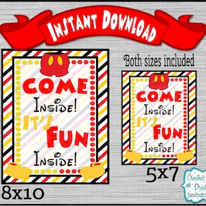 Printable Mickey Mouse 8x10 and 5x7 Come inside Party Signs Mickey Signs Mickey birthday party sign Digital Download Diy INSTANT DOWNLOAD